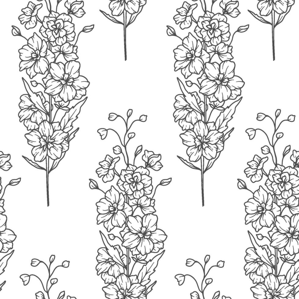 Floral seamless background line art. Larkspur seamless pattern. Floral background with Larkspur. July birth month flower line art. Botanical Background for wrapping paper, textile vector