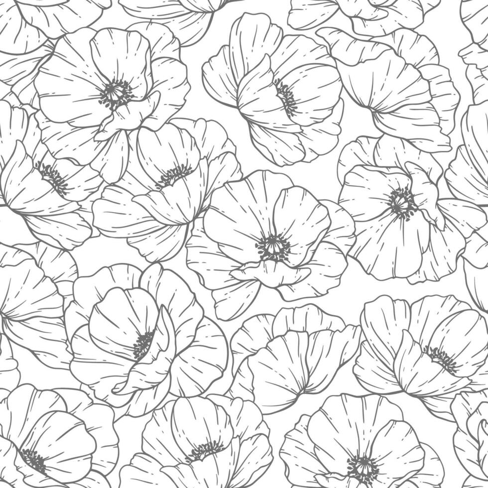 Floral seamless pattern. Line Art Poppies background. Eco friendly background. Poppy flowers and greenery hand drawn line art design. Elegant seamless background endless pattern minimalist style vector
