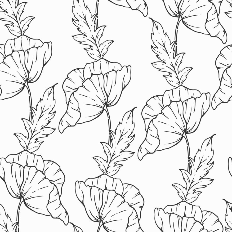 Floral seamless patterns. Poppy background. Eco friendly background. Poppy flowers and greenery hand drawn line art design. Elegant seamless background endless pattern minimalist style vector