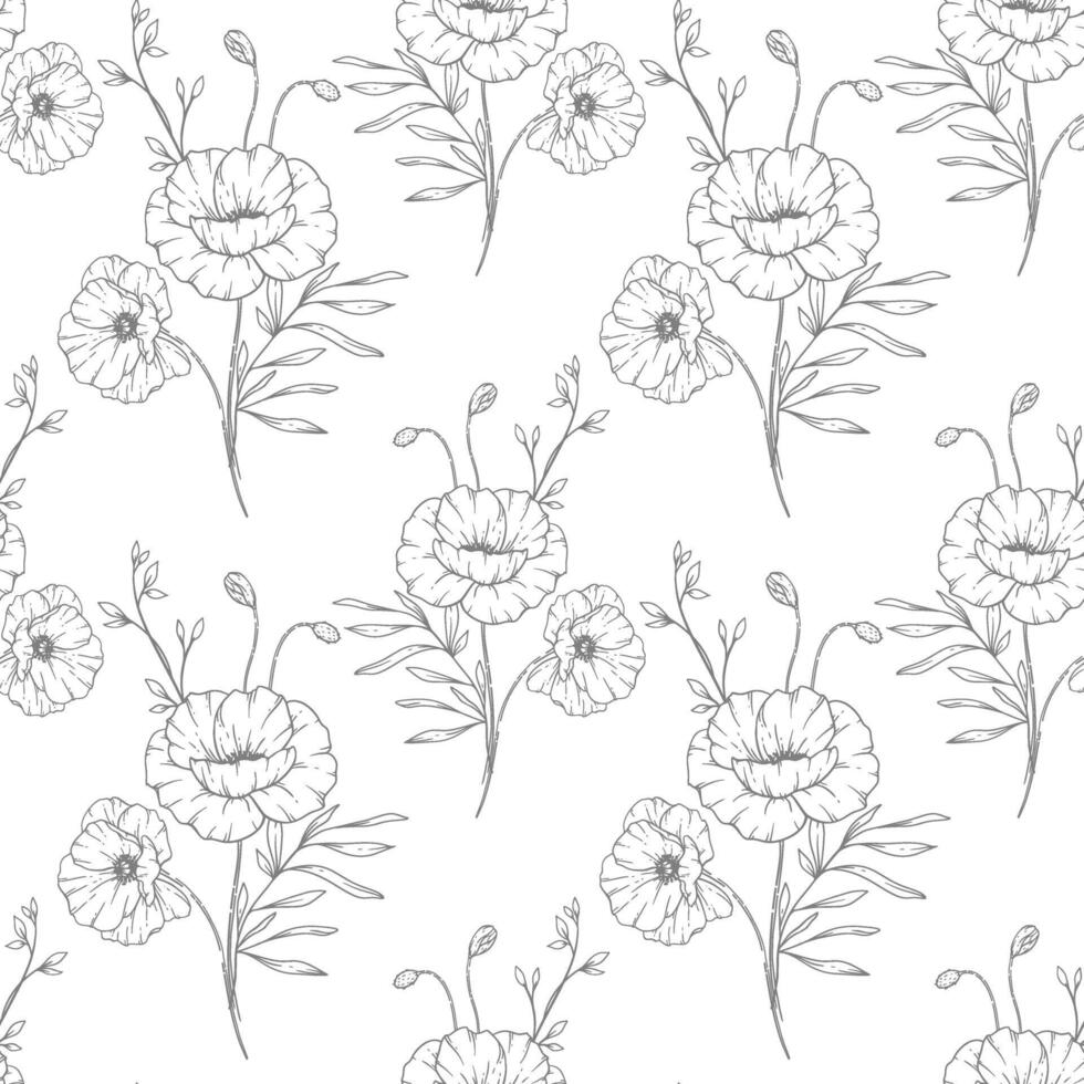 Floral seamless background line art. Poppy seamless pattern. Floral background with Poppy. August birth month flower line art. Botanical Background for wrapping paper, textile vector