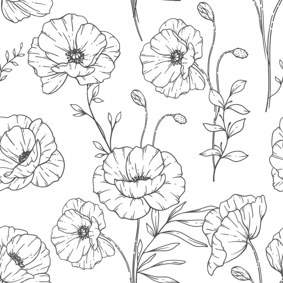 Seamless pattern with poppies. Poppy background. Eco friendly background. Poppy flowers and greenery hand drawn line art design. Elegant seamless background endless pattern minimalist style vector