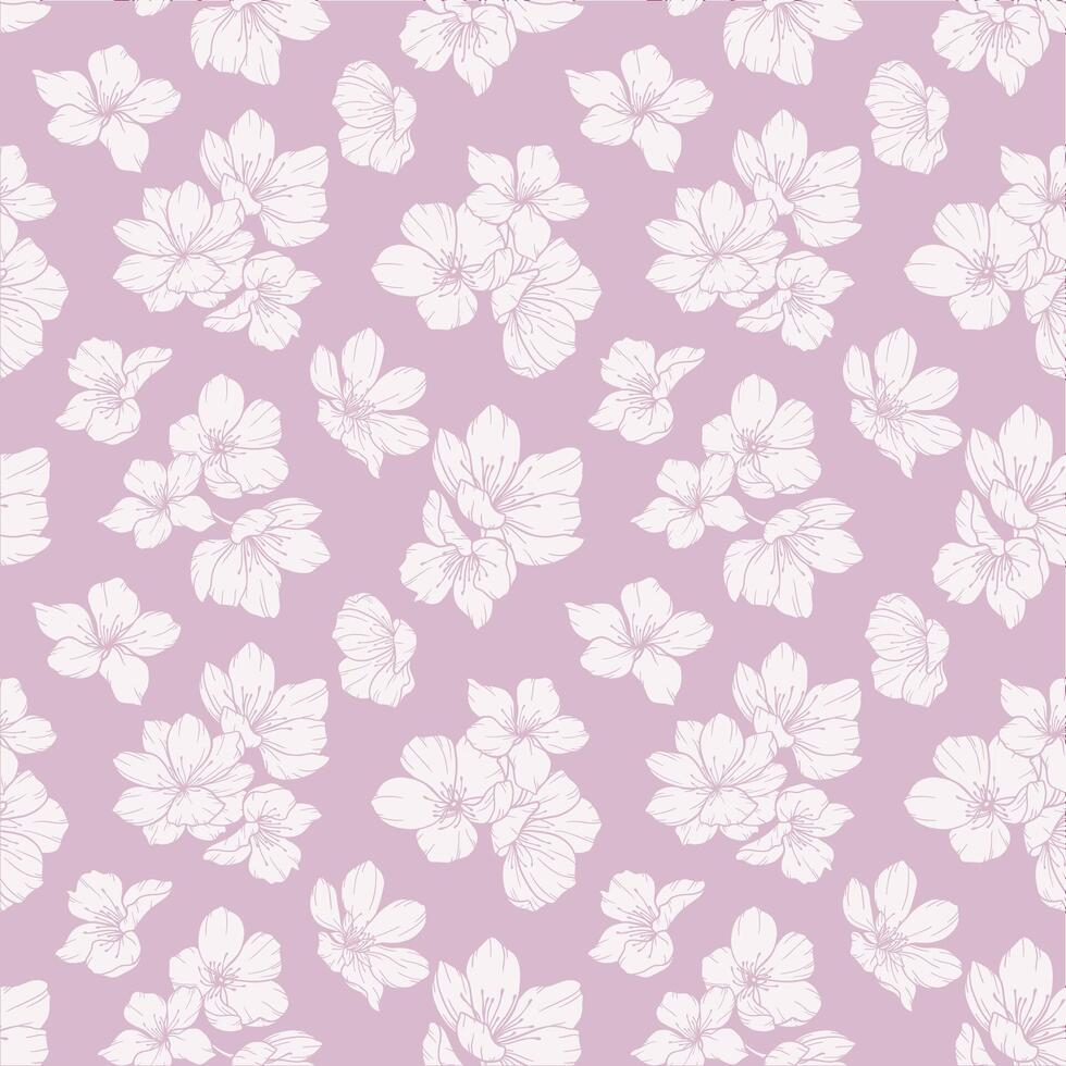 Pink Floral seamless pattern with Sakura. Cherry Blossom background. Eco background. Cherry Blossom and greenery hand drawn line art design. Elegant seamless background minimalist style vector