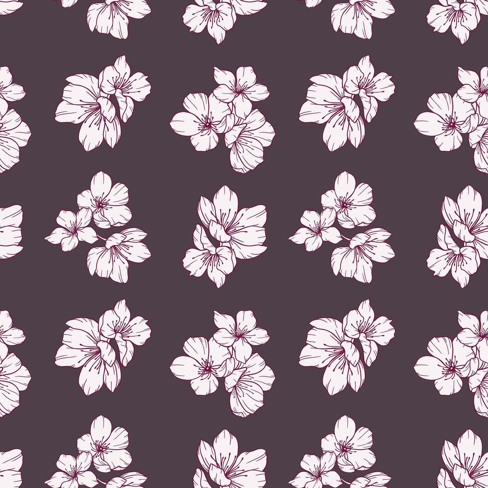 Trendy Floral seamless pattern with Sakura. Cherry Blossom background. Eco background. Cherry Blossom and greenery hand drawn line art design. Elegant seamless background minimalist style vector