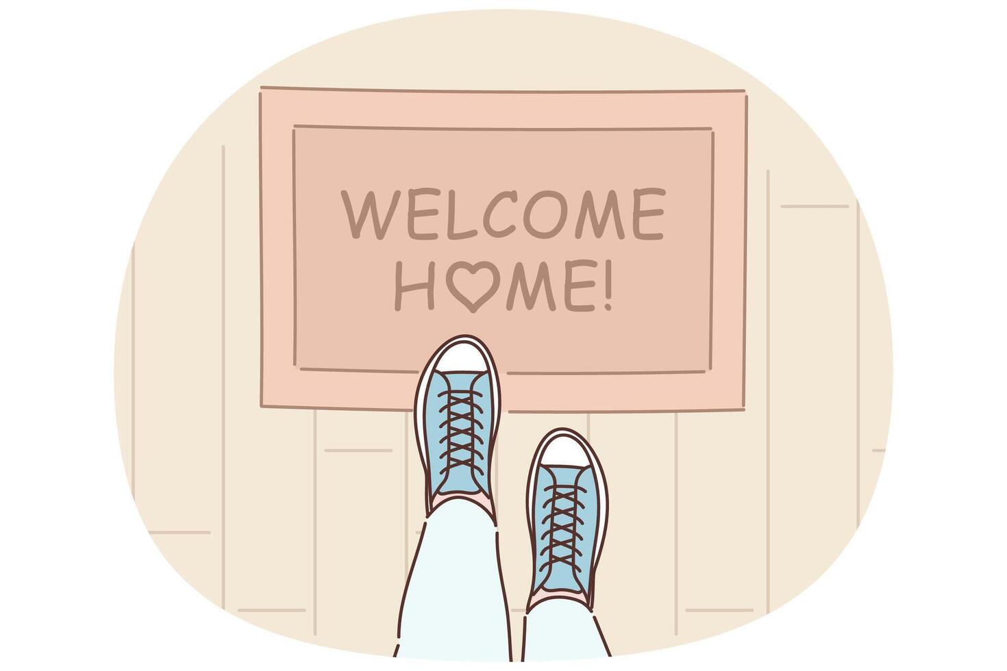 Rug with inscription welcome home on threshold near entrance to apartment and feet of man in boots vector