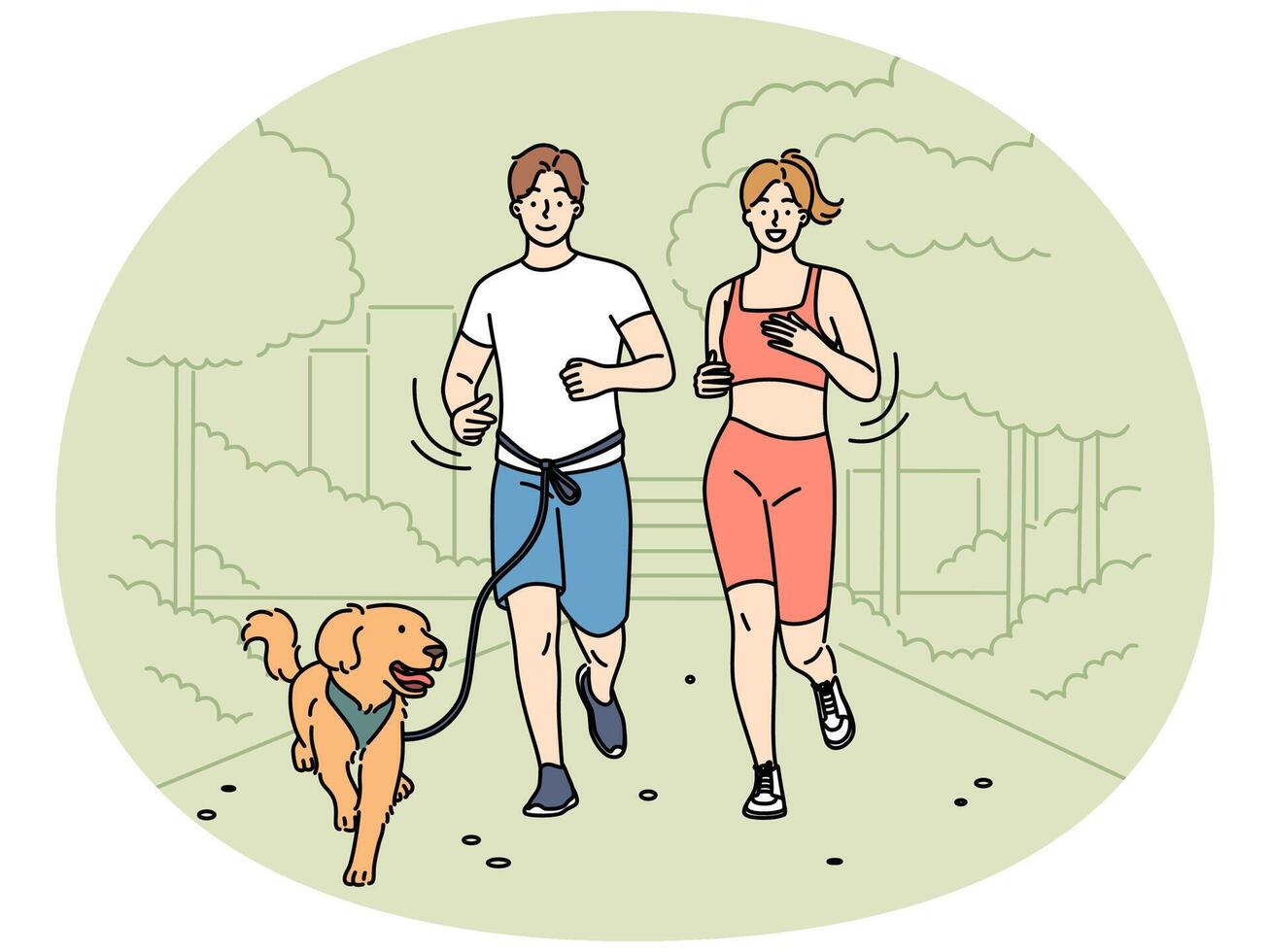 Happy couple jogging in park with dog vector