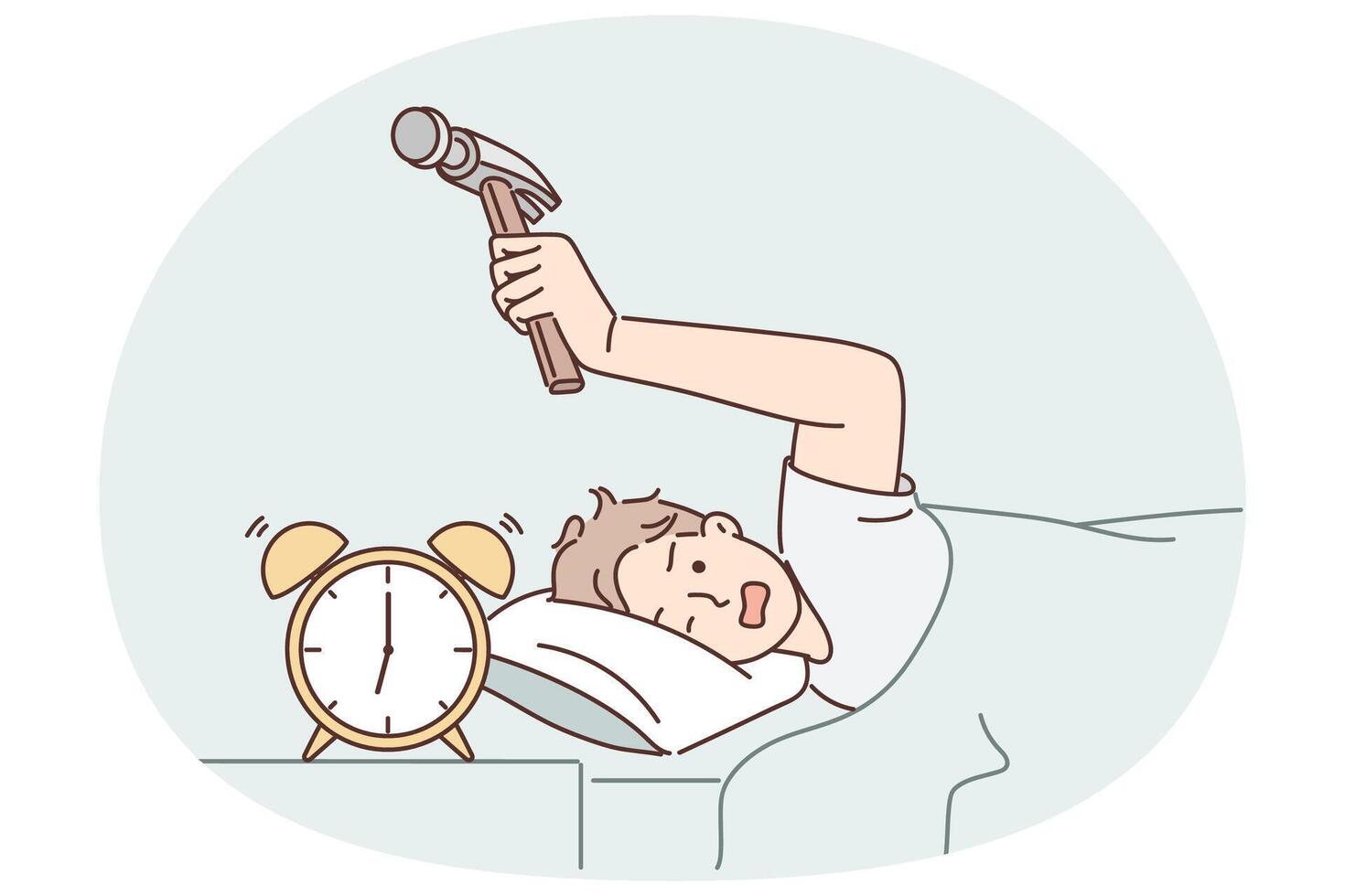 Annoyed man hits alarm clock with hammer not wanting to wake up on day off and go to unloved job vector