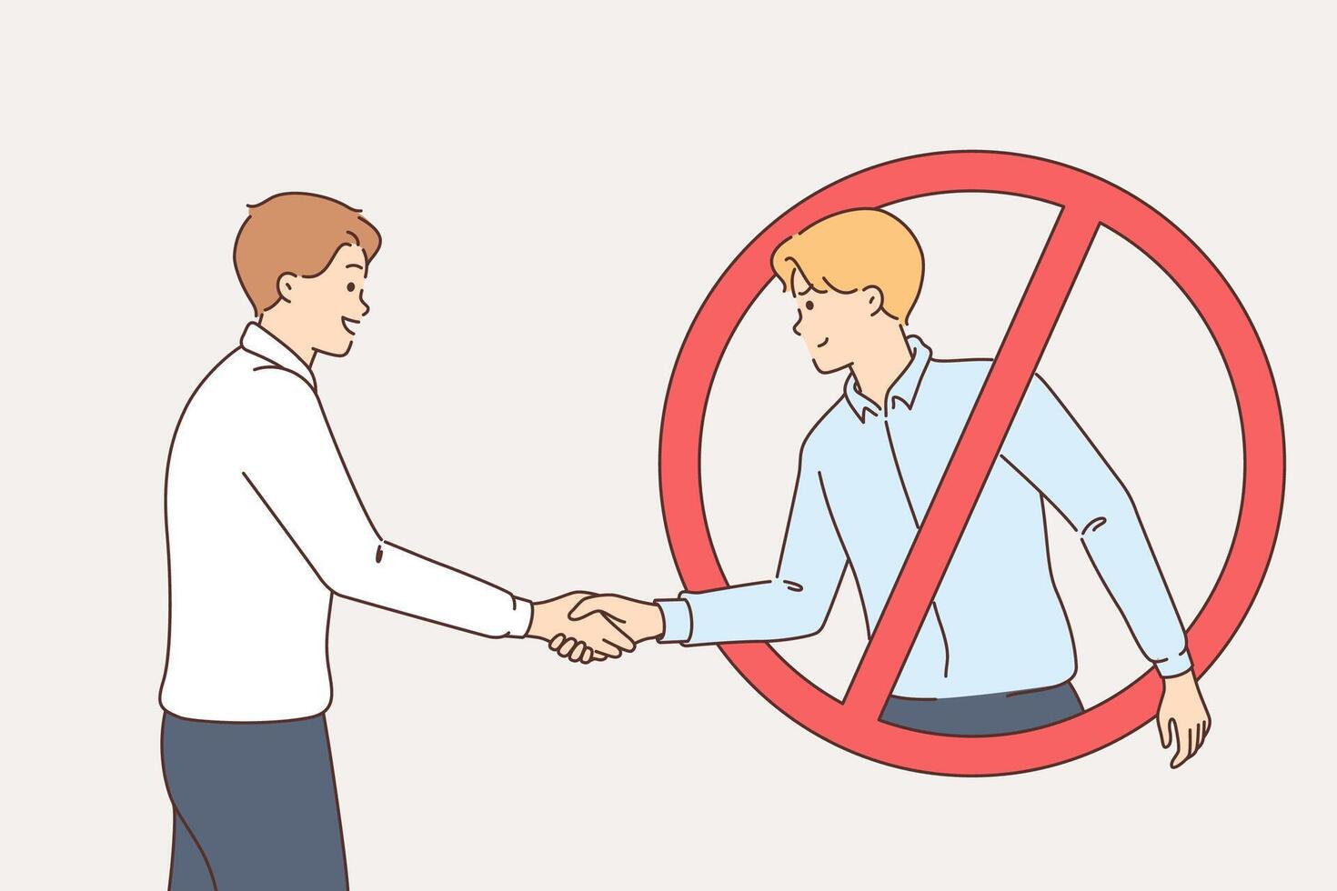 Business man makes risky deal, shakes hands with partner located inside crossed out sign vector