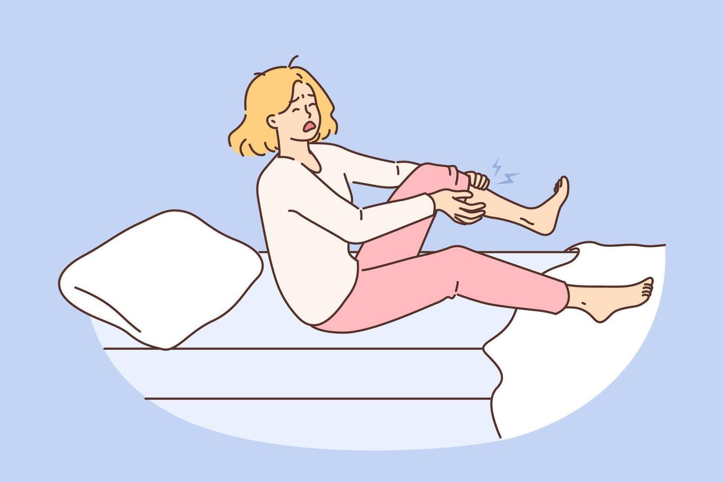 Night cramp woke up woman clutching leg and in pain, sitting in bed with blanket and pillow vector