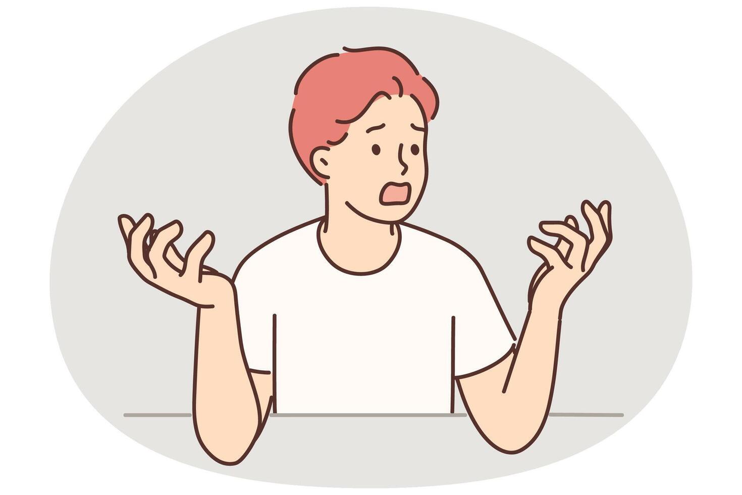 Nervous man throws up hands and opens mouth wide screaming and swearing having heard bad news vector
