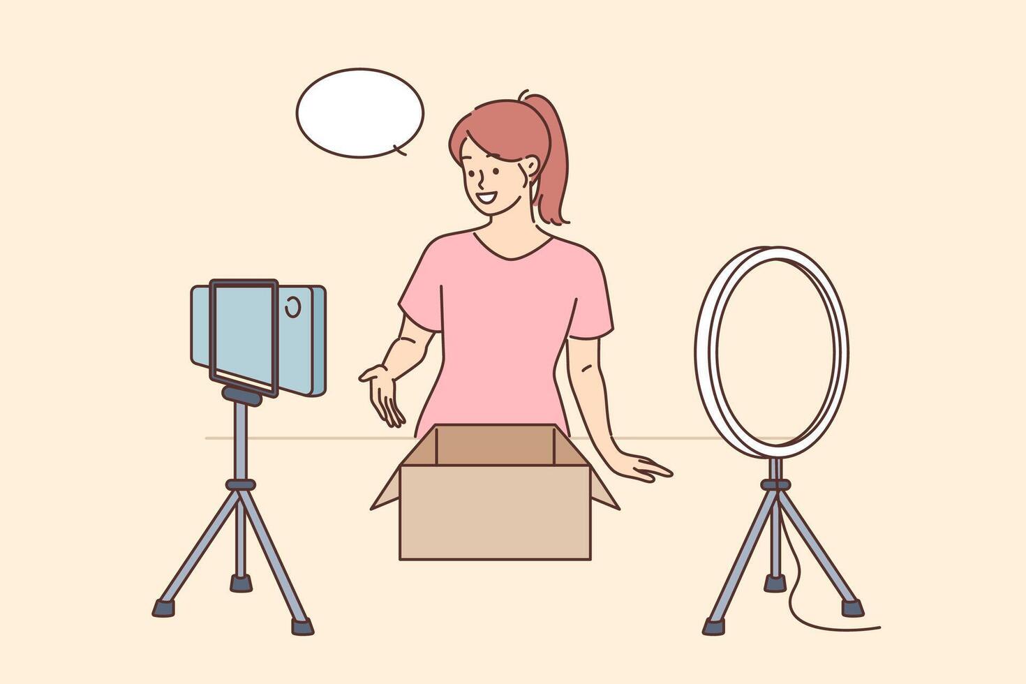 Woman blogger makes unpacking packages from advertiser, stands near table with phone vector
