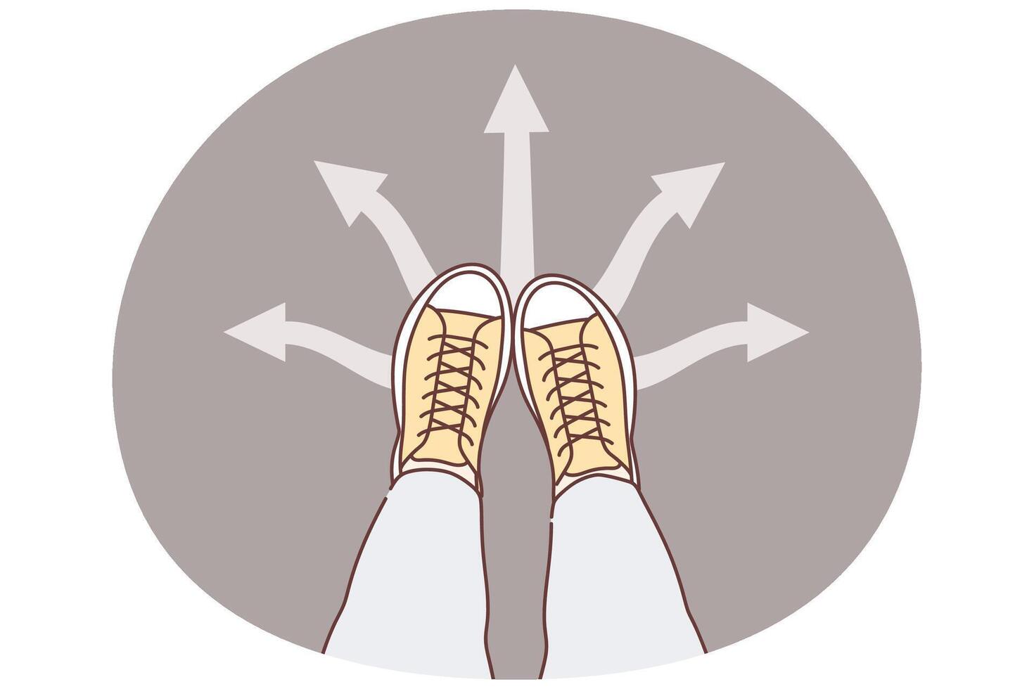 Legs man at crossroads near arrows pointing in different directions, symbolizing uncertainty vector