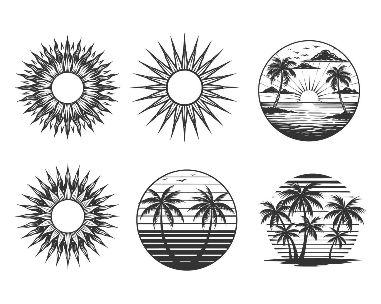 Set of summer elements sunset style vector