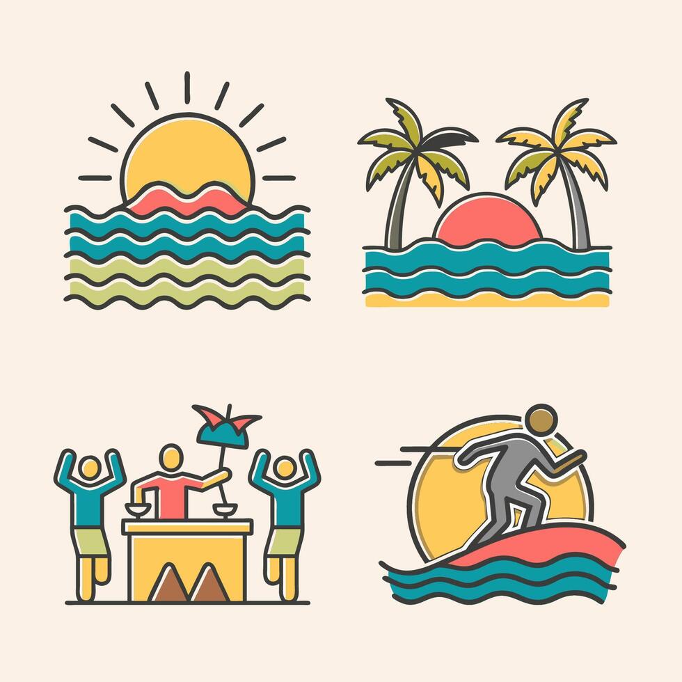 Collection of hand drawn summer iconic retro color vector