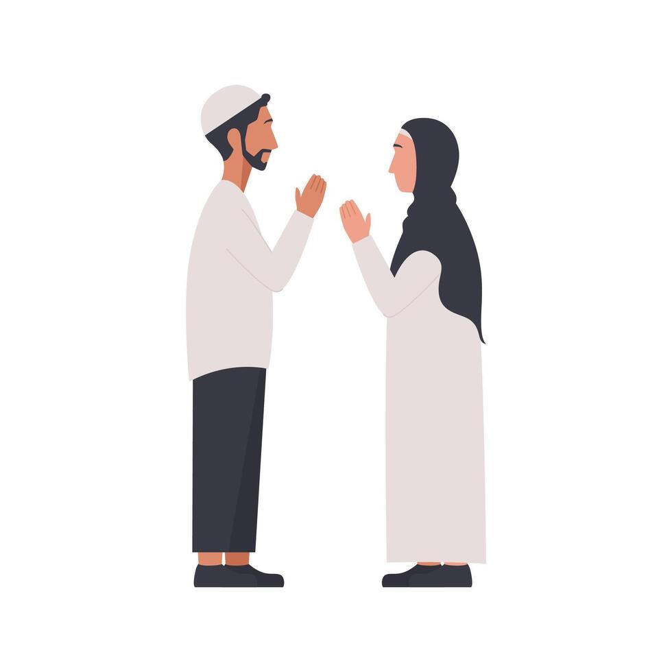 Flat illustration of Muslim man and Muslim woman greeting each other isolated on white background perfect for celebrating Islamic event such as Ramadan Kareem and Eid Mubarak vector