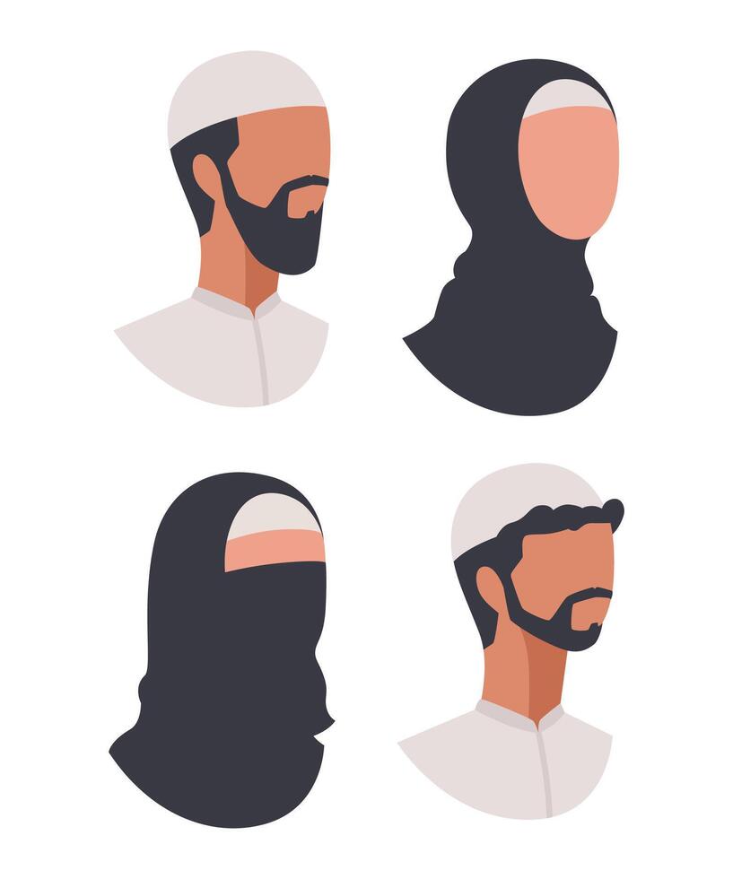 Set of side view faceless Muslim heads flat illustration isolated on white vector
