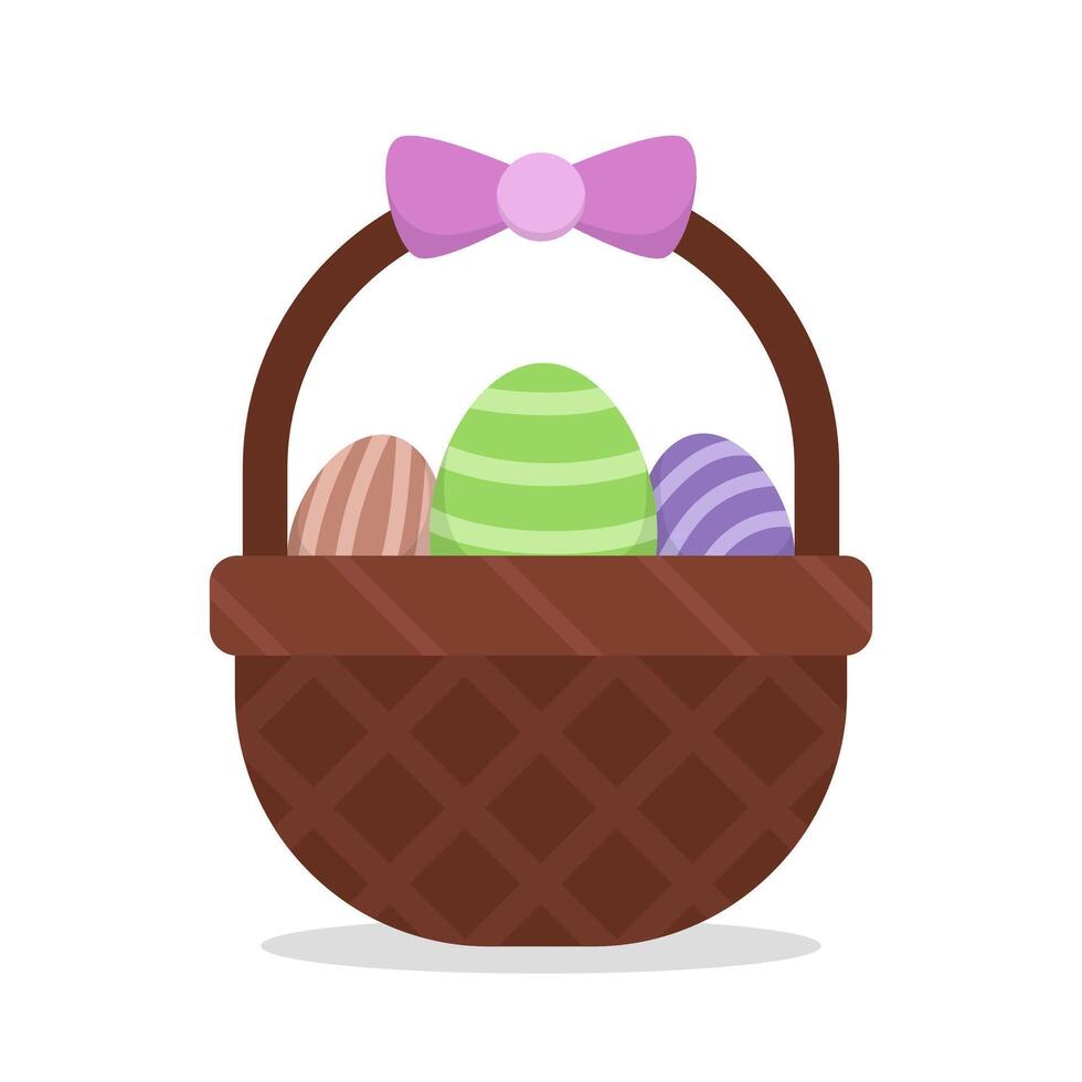 Easter basket with colorful eggs and pink ribbon isolated on white background vector