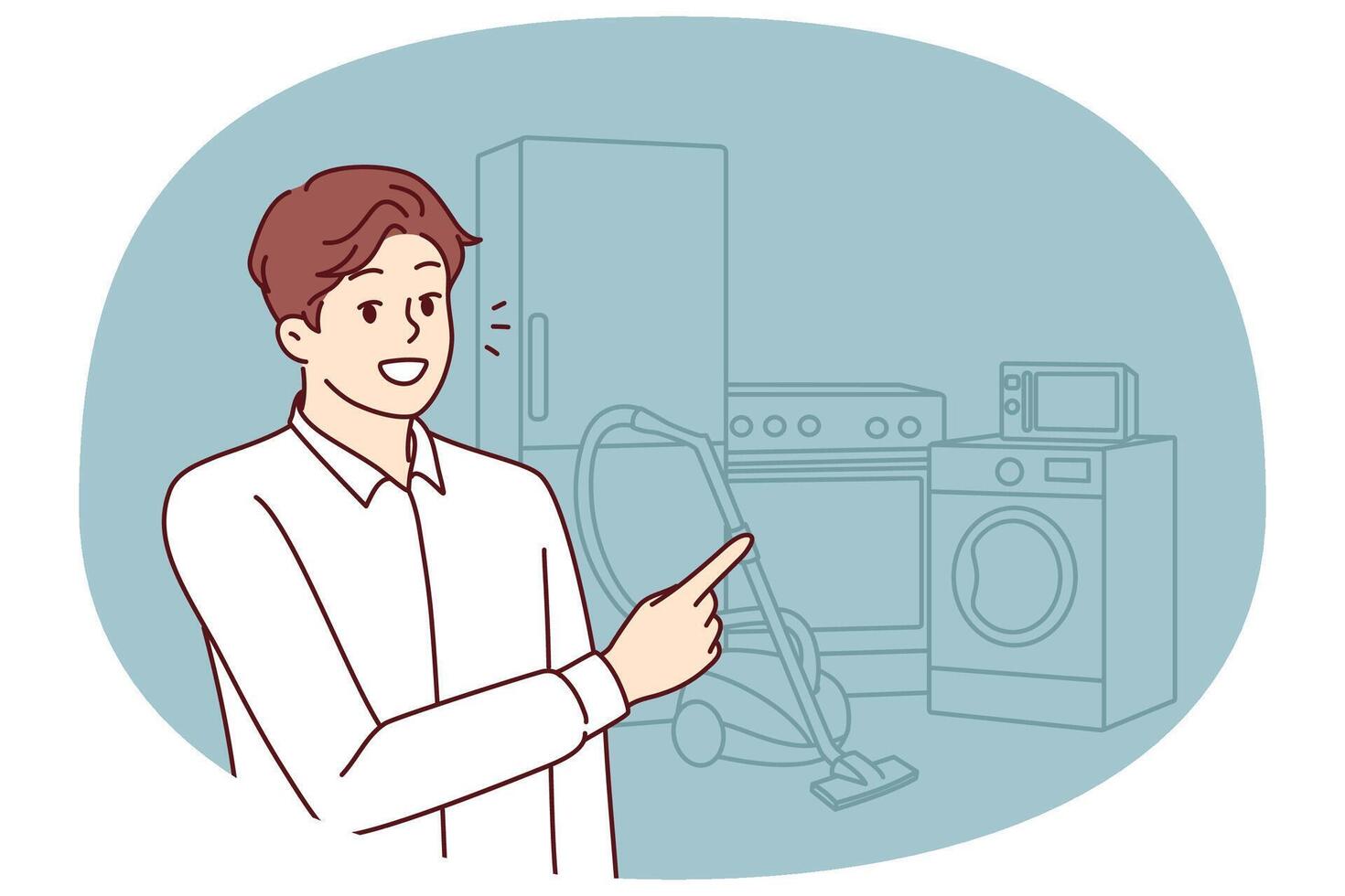 Man appliances salesman points finger at washing machine and vacuum cleaner with refrigerator vector
