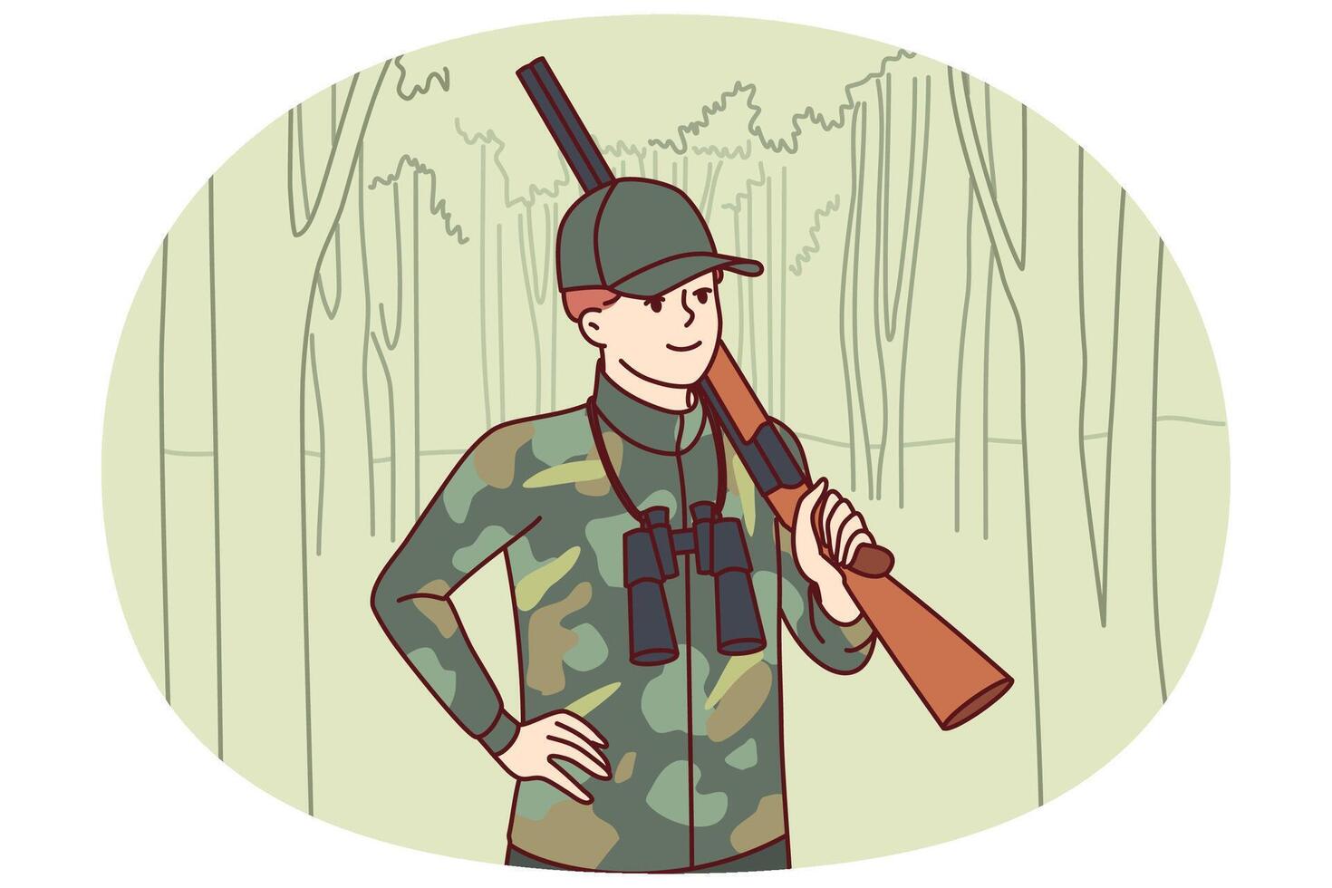 Man hunter with double-barreled gun stands in forest with binoculars to track down wild animal vector