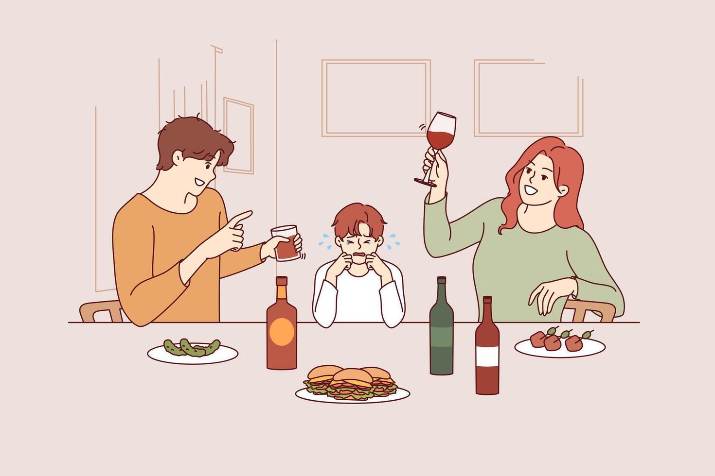 Problem of family alcoholism causes stress for little boy watching parents drink and exes about son vector