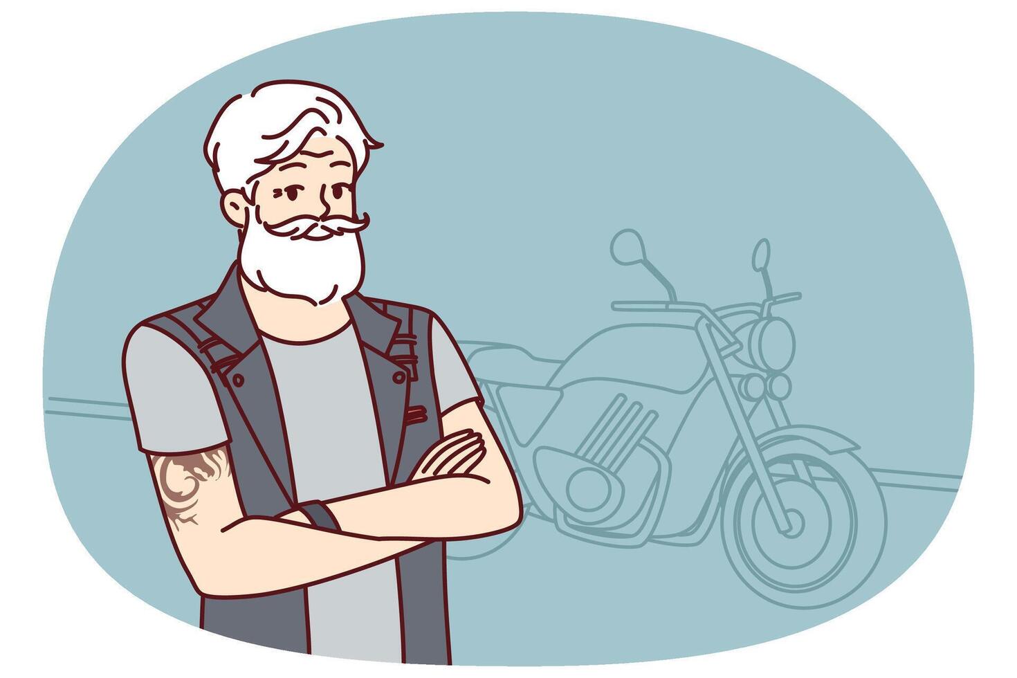 Old biker near motorcycle with tattoo on arms and gray hair wishes to travel after retirement vector