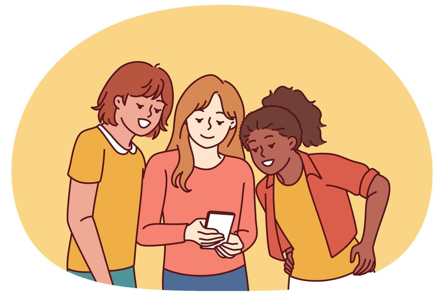 Teenage girls look at mobile phone and laugh at interesting found on internet vector