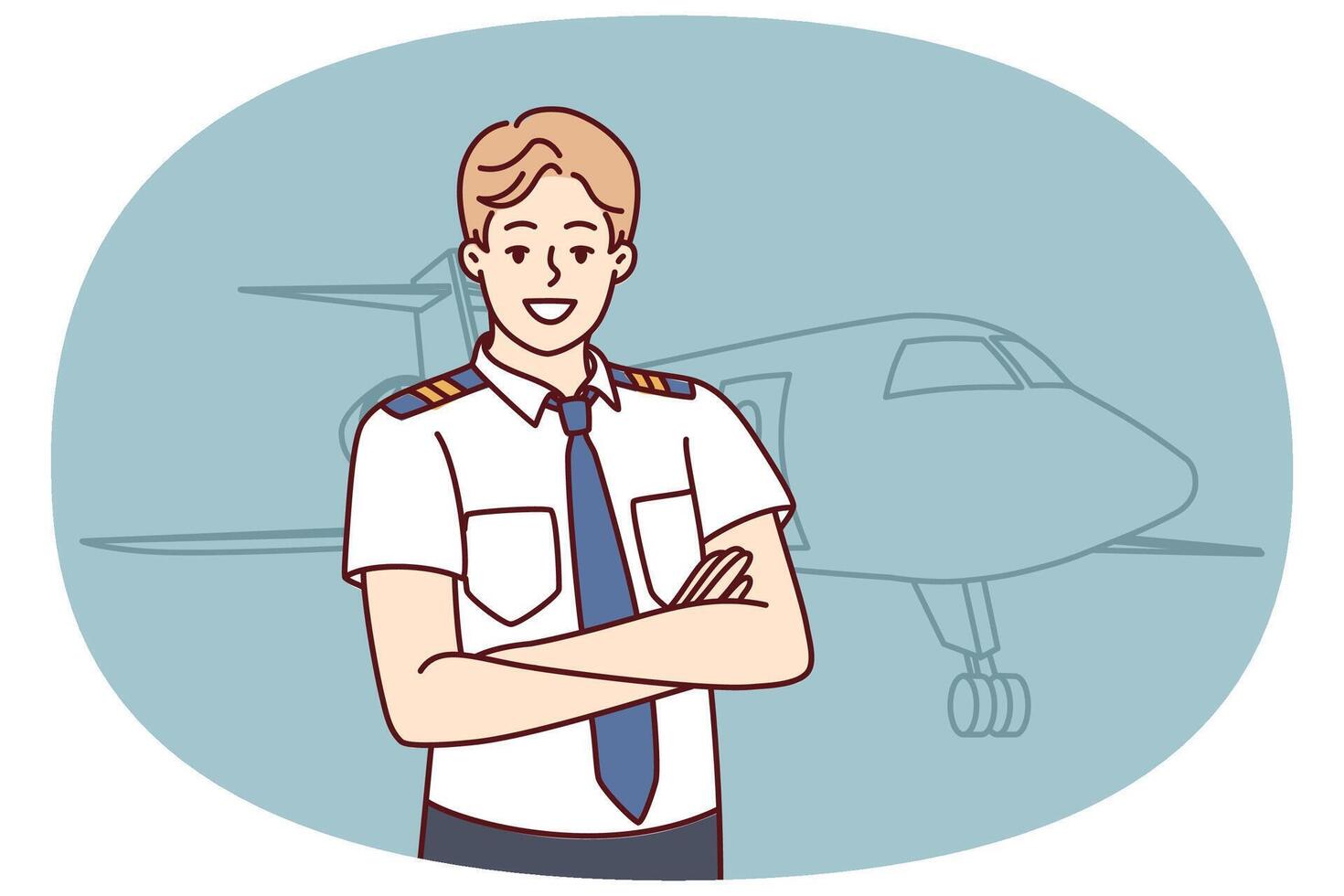 Man pilot of airplane stands with arms crossed near airliner inviting to buy new airline ticket vector