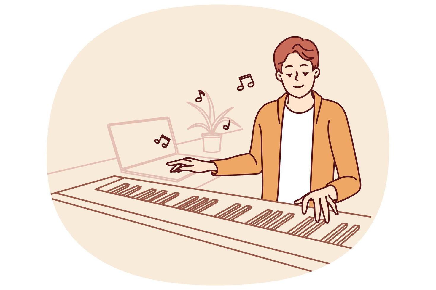 Man plays synthesizer coming up with soundtrack for new movie or tune for popular music album vector