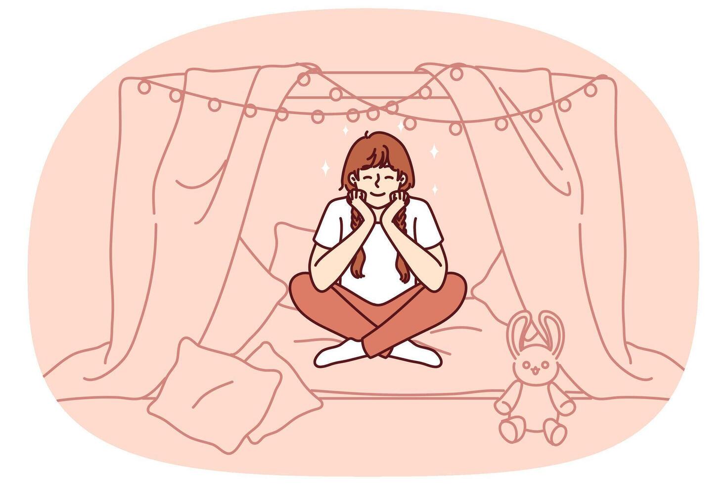 Little girl is sitting in home hut playing children games and dreaming of becoming princess vector