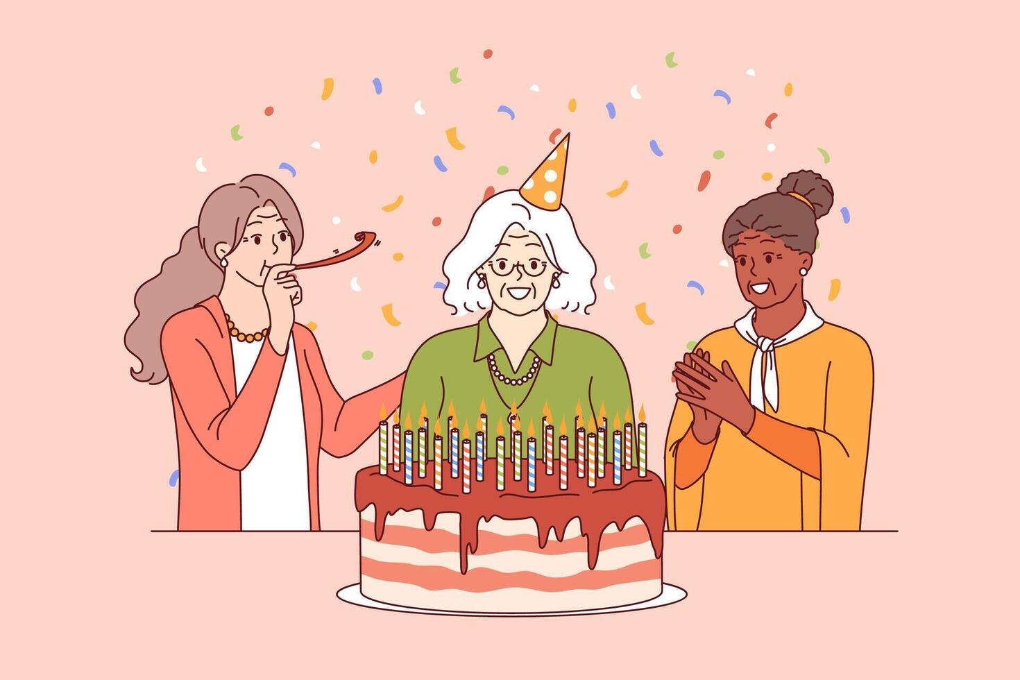 Birthday of elderly woman standing near large cake with candles and happy friends vector