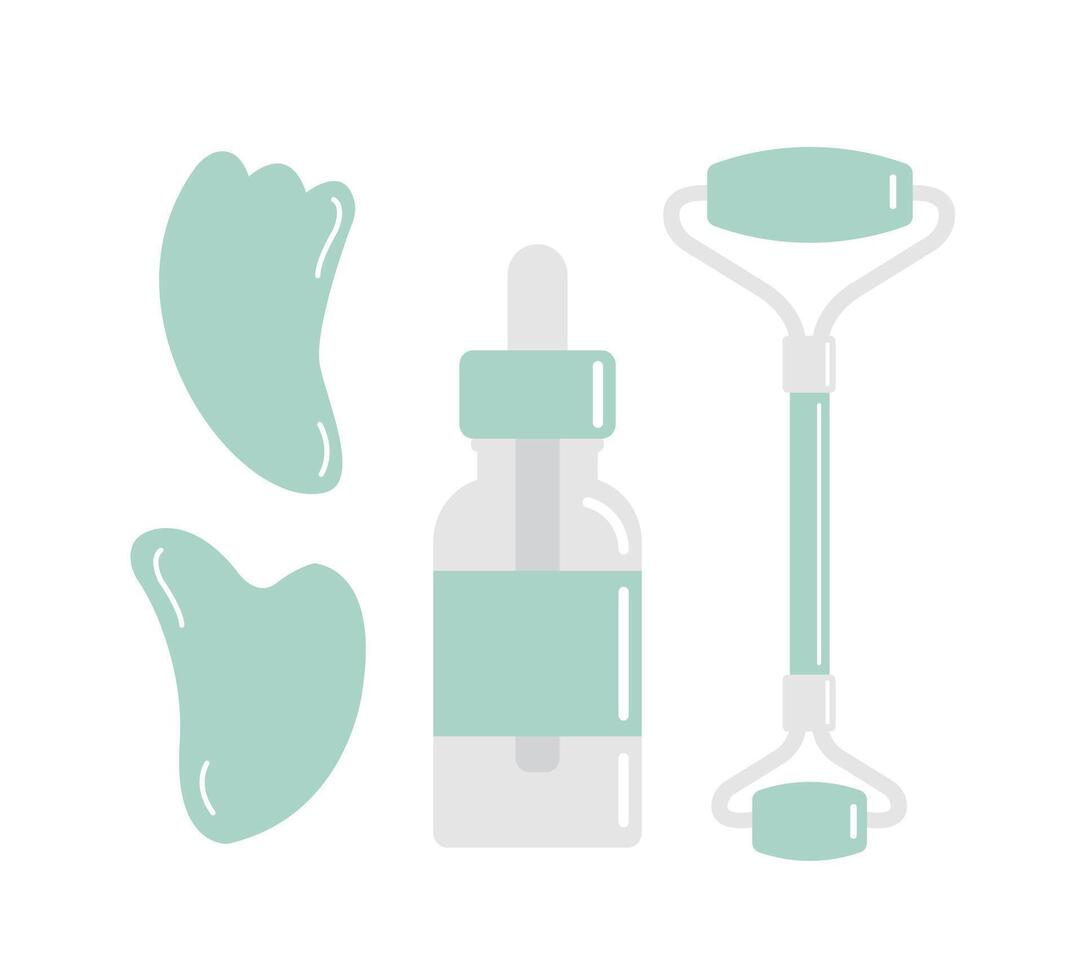 Set bundle of stone massage roller gua sha and oil bottle isolated on white background vector