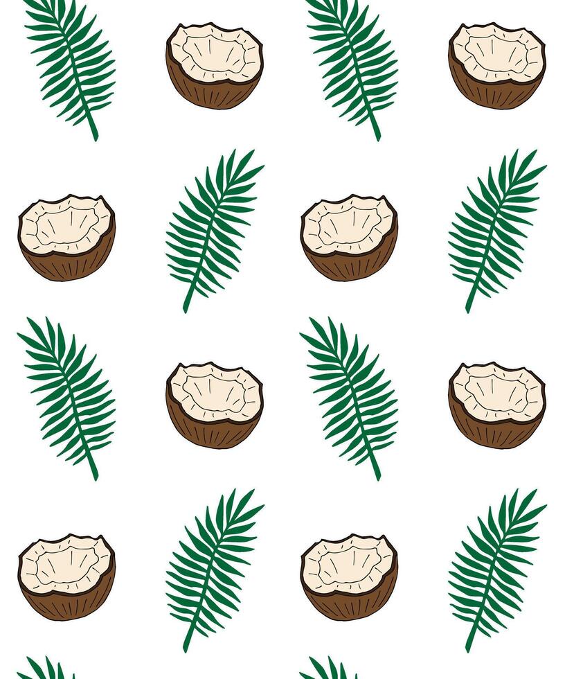 Seamless pattern of hand drawn doodle sketch coconut and green palm leaves vector