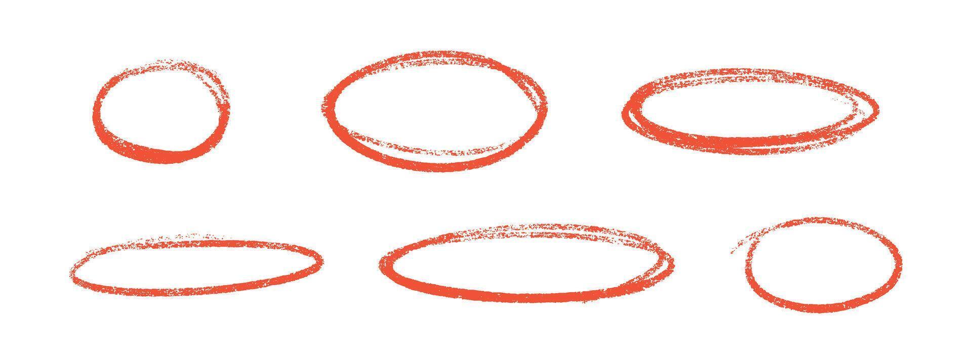 Crayon highlight chalk oval set in red color on white background. vector