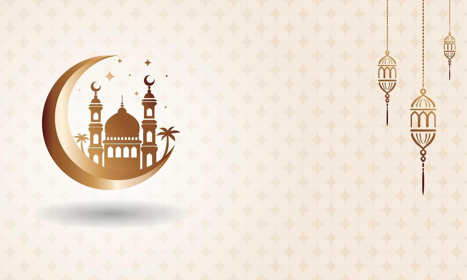 Islamic greeting card background with gold ornament of beautiful moon, mosque, lantern lights, date palm tree vector