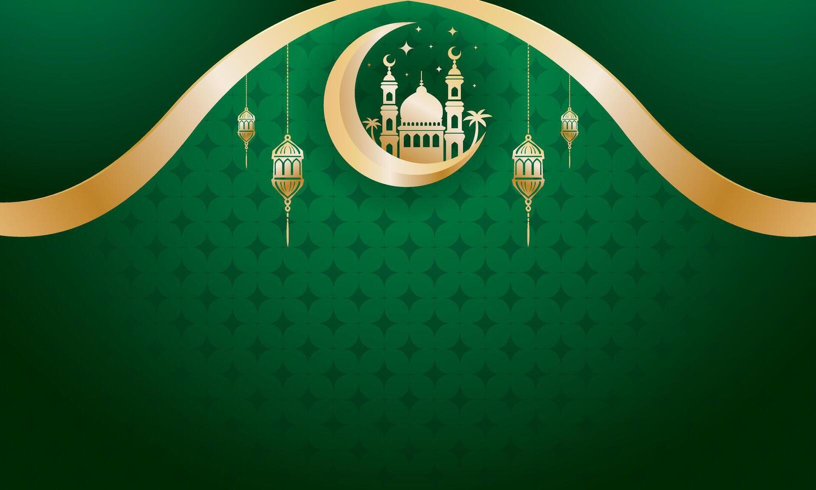 Islamic greeting card background with gold green ornament of beautiful moon, mosque, lantern lights, date palm tree vector