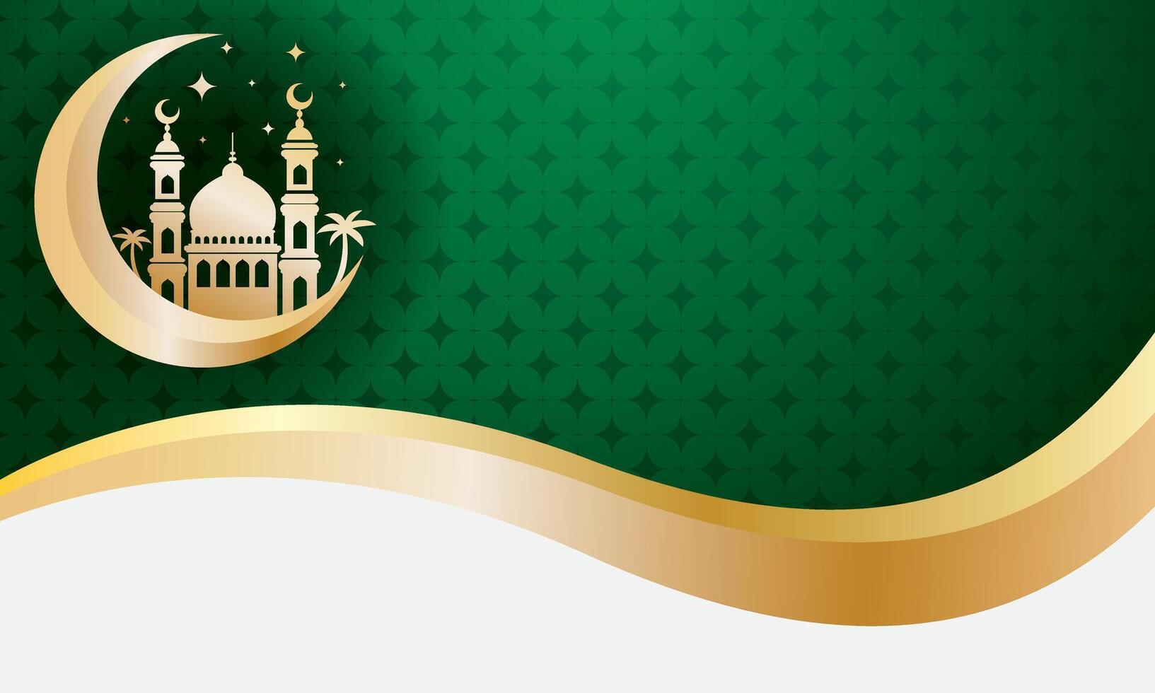 Islamic greeting card background with gold green ornament of beautiful moon, mosque, date palm tree. vector