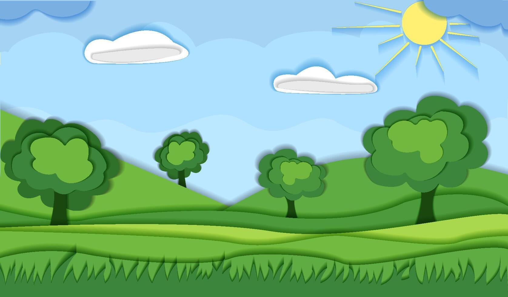 illustration of a vibrant landscape with rolling green hills, trees, fluffy clouds, and a bright sun shining in the sky. Paper cut style vector