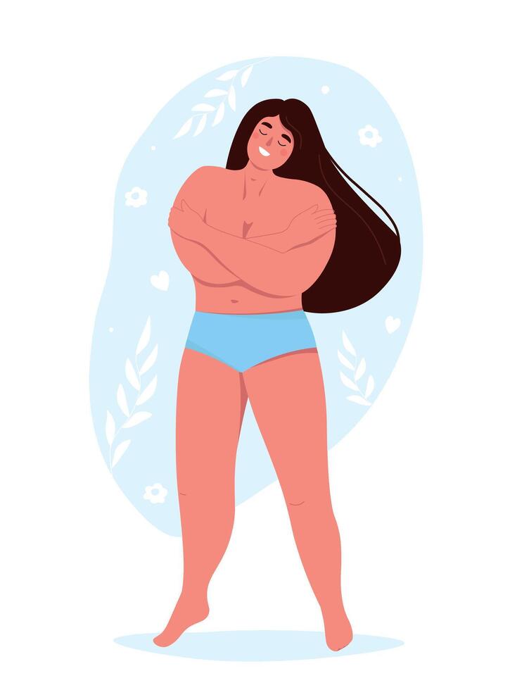 Plus size woman loves her body, accepts herself. Girl in harmony and positive. flat graphics. vector