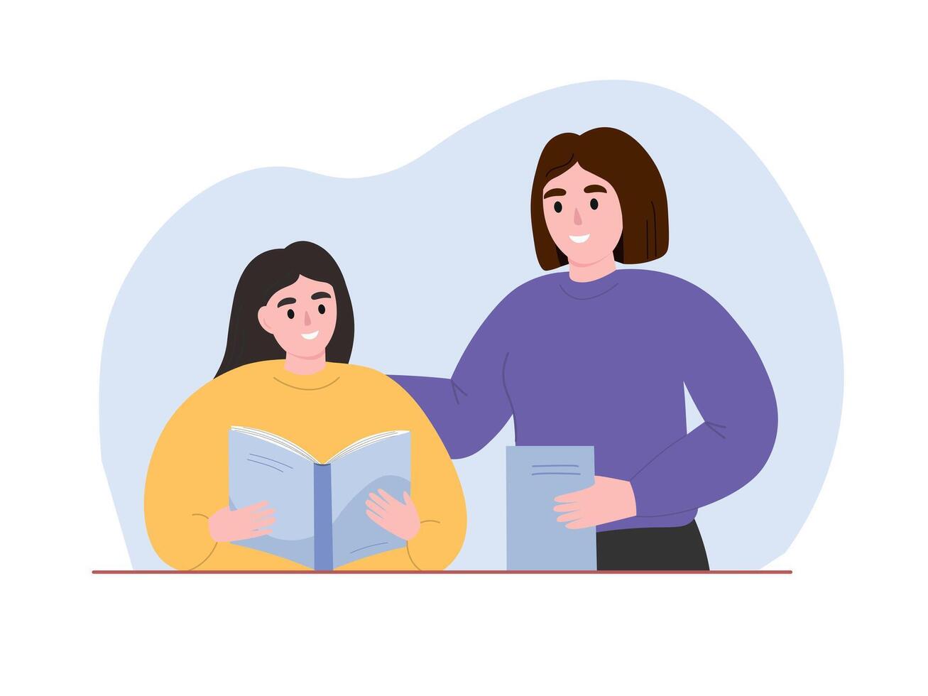 Teacher and student doing homework. Mom helping her daughter with her studies. flat graphics. vector