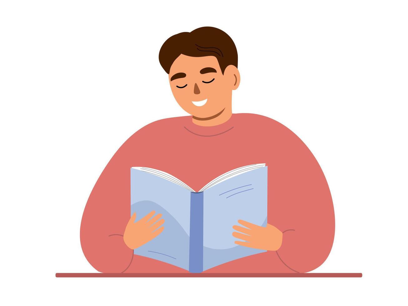 A guy sits with a book in his hands. A student teaches, receives knowledge. flat graphics. vector