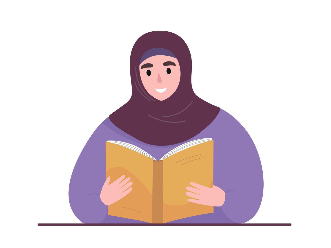 Muslim woman reading a book. Girl in hijab gaining knowledge, training. flat graphics. vector