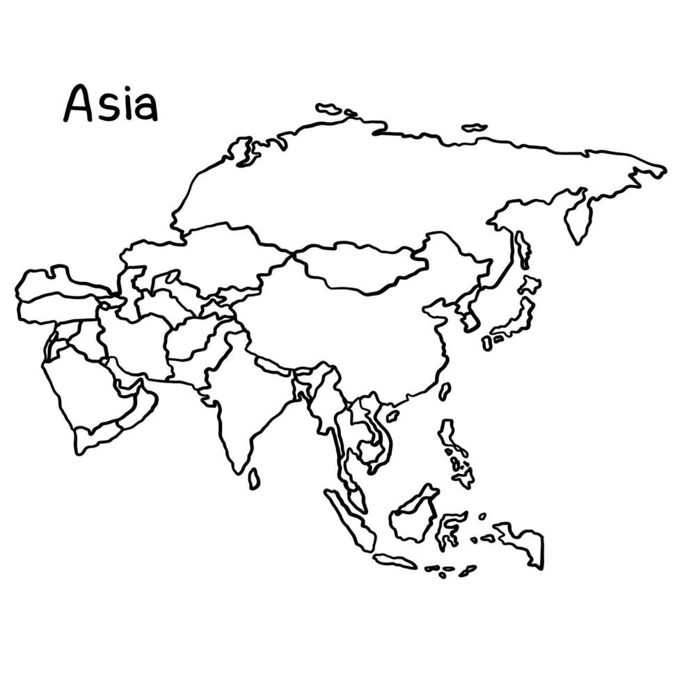 Sketch map of Asia in doodle style, with irregular lines and freehand strokes. Political division vector