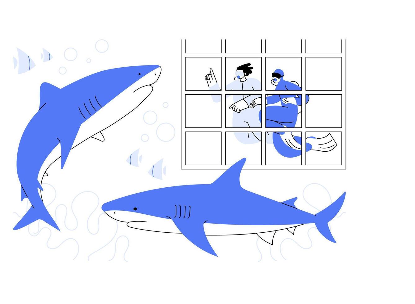 Diving with sharks isolated cartoon illustrations. vector