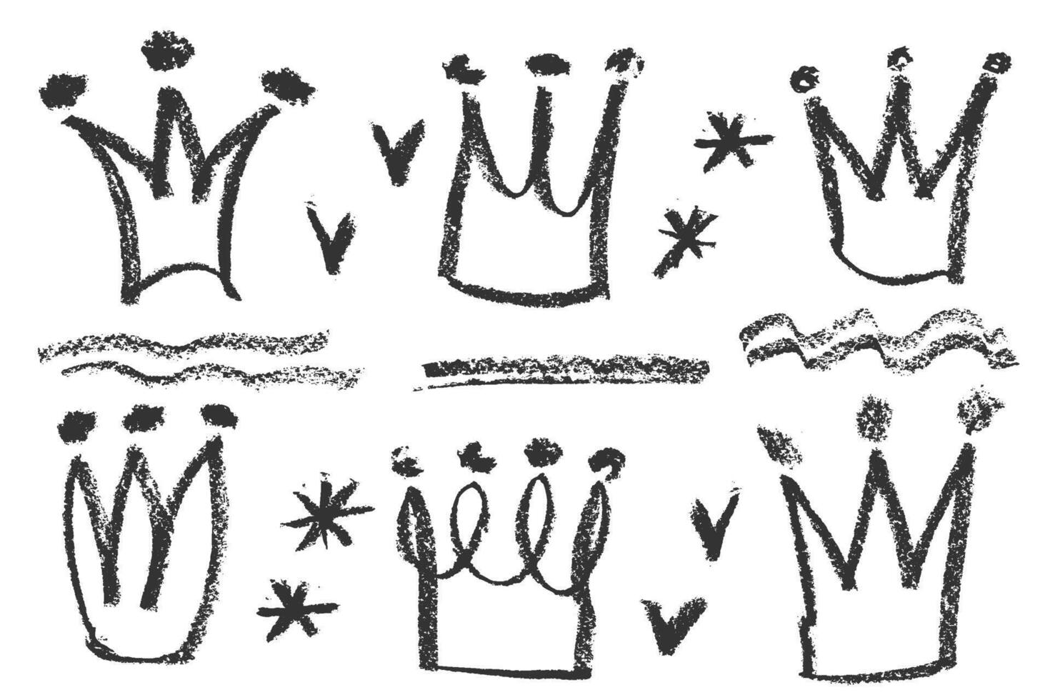 Collection of hand drawn charcoal doodle crown shapes Childish girly style. Pencil drawings Black elements on white background. Grunge chalk crayon scribbles doodles textures. illustration vector