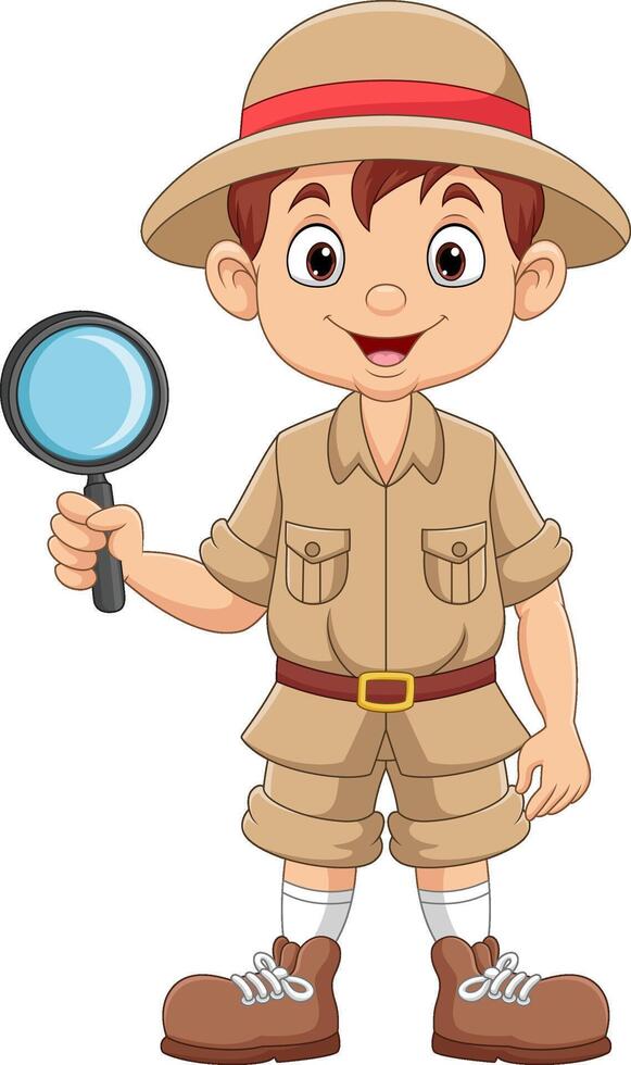 Cartoon a boy explorer holding a magnifying glass vector