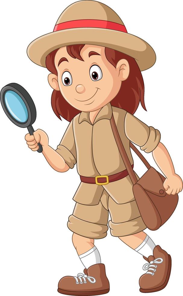Cartoon explorer kid holding a magnifying glass vector