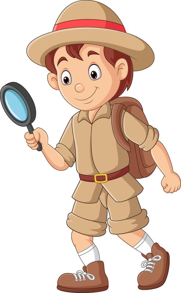 Cartoon explorer boy holding a magnifying glass vector