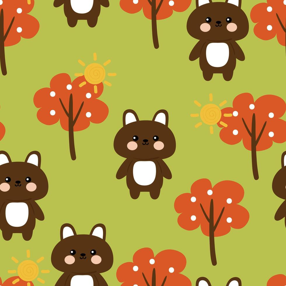 Seamless pattern with cute cartoon rabbits and trees, for fabric prints, textiles, gift wrapping paper. children's flat and colorful style vector