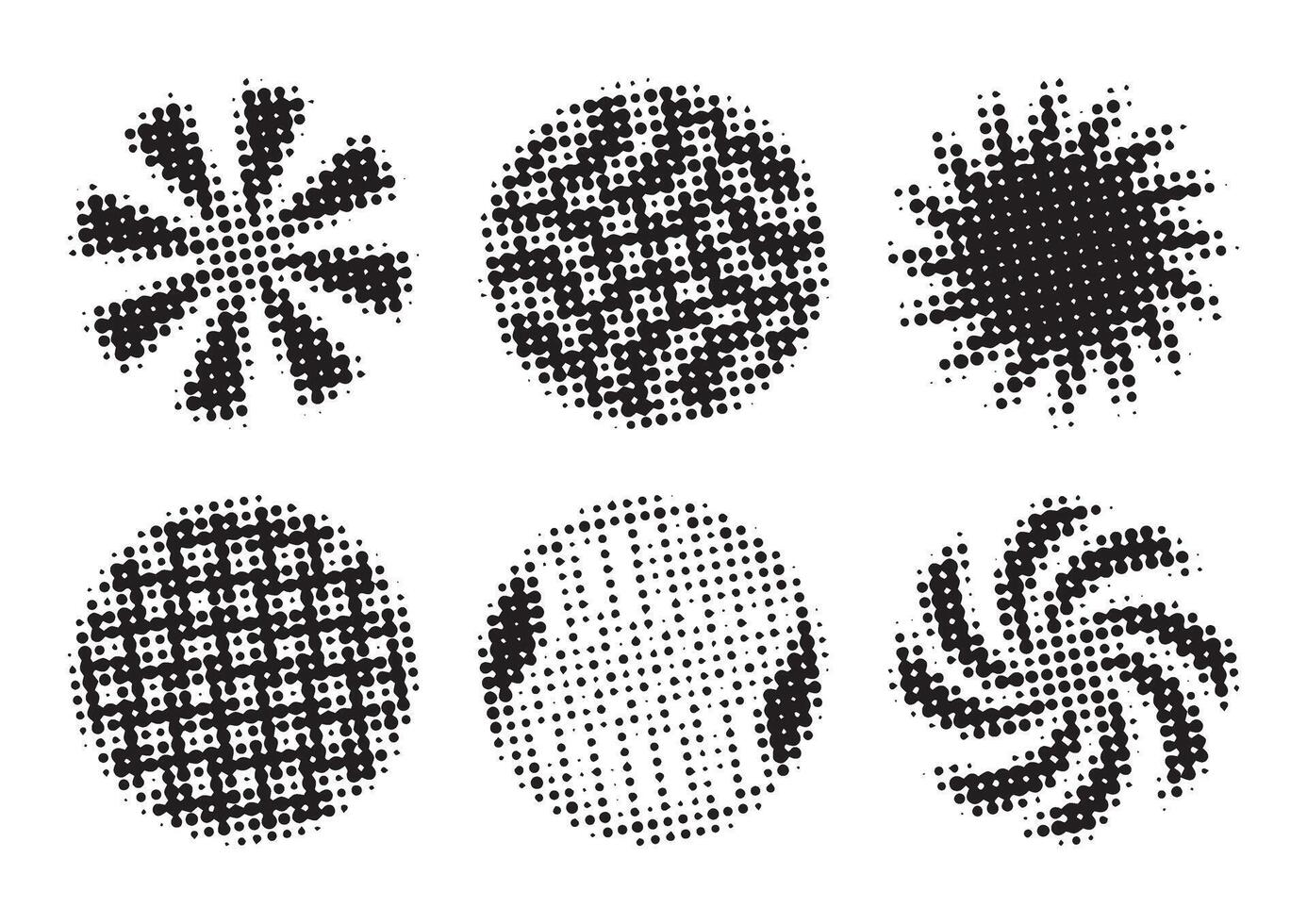 Black dotted halftone circle set, collection of trendy vintage round shapes, retro radial forms, dark gradients with grunge effect, monochrome modern abstract backgrounds vector