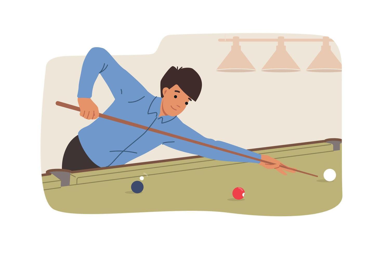 Man plays billiards and holds cue, aiming to pocket ball and win sports tournament vector