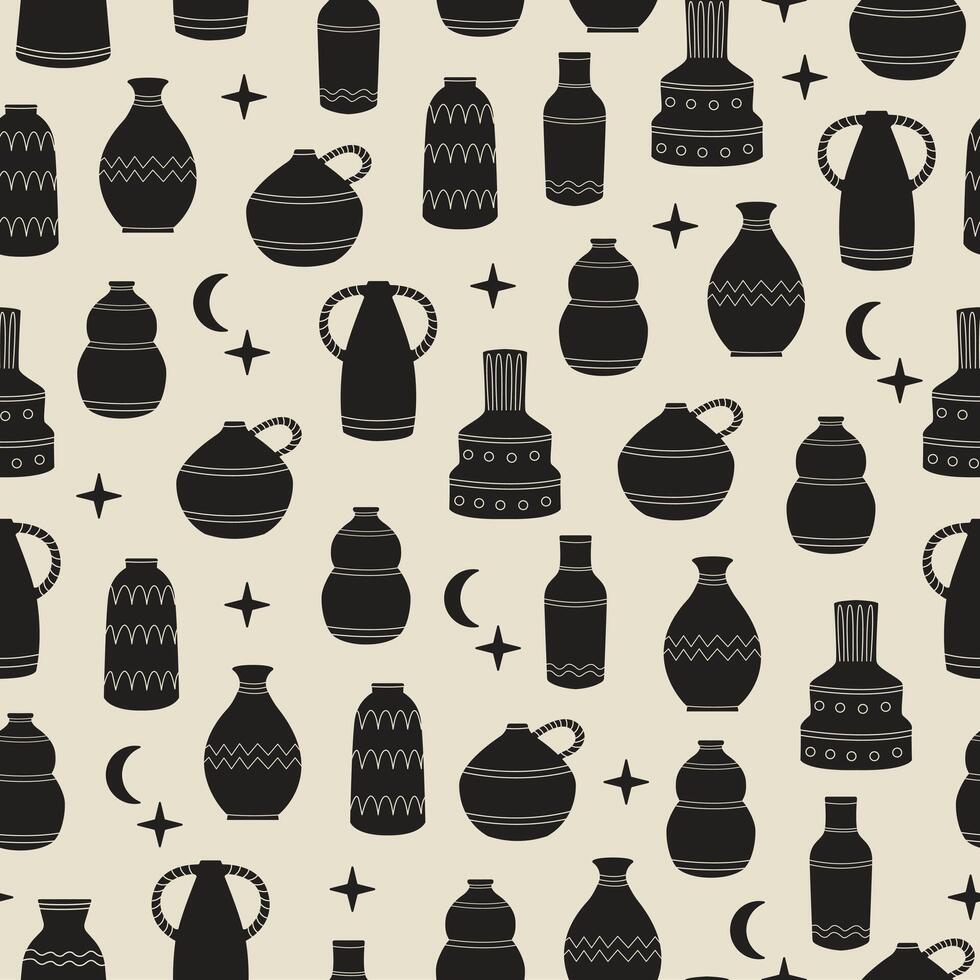 Trendy pattern with vases. Ceramic antique vases in boho style. Historical ceramic tableware. Trendy pattern for social networks and web design in vintage boho style. Flat style pattern. vector